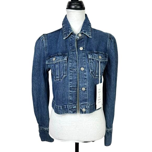 Boyish by HER NWT The Landon Cropped Puff Sleeve Dark Wash Button Jean Jacket - Picture 5 of 15